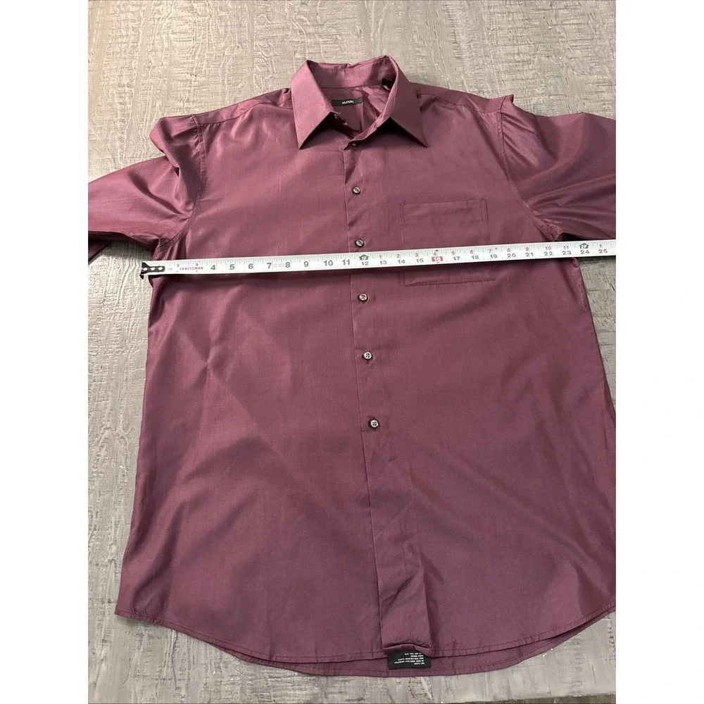 Alfani Mens Silk Burgundy Button Front Collar Long Sleeve Shirt Sz  L  16 34 /35